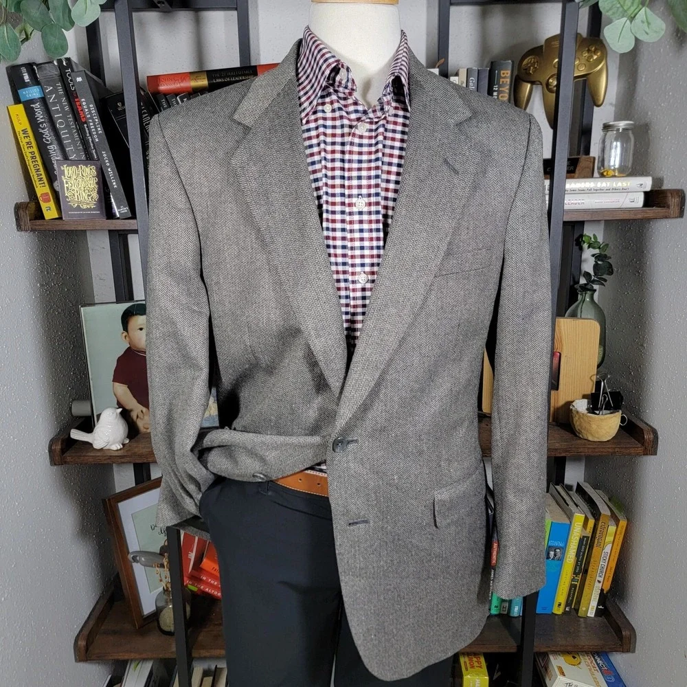 Town Craft Mens Sport Coat Blazer Two Button Gray Herringbone Silk Poly Wool 43L